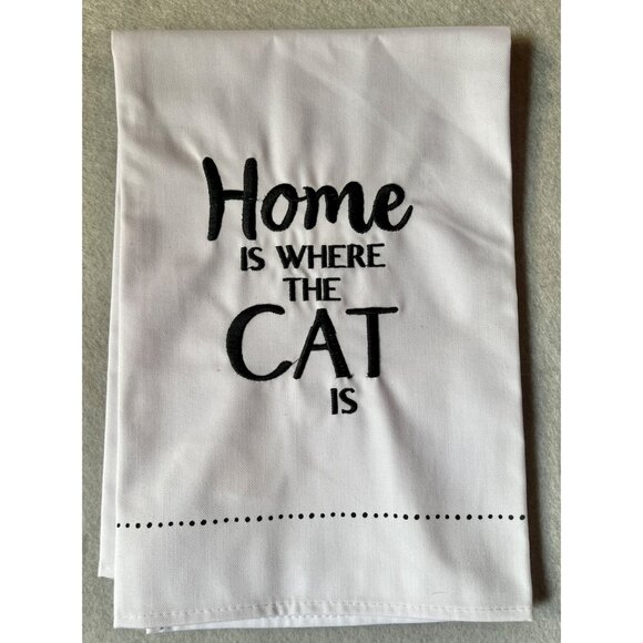 Ganz Home Is Where The Cat Is B&W Linen Blend Tea Towel Embroider 24" NWT Gift - Picture 3 of 6